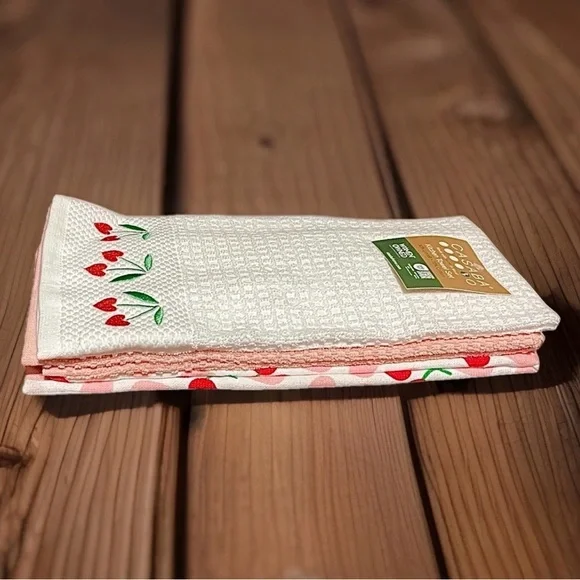 NEW Casaba Embroidered Kitchen Towel Set of 3 Hearts Solid Pink Cherries Cotton - Picture 6 of 7